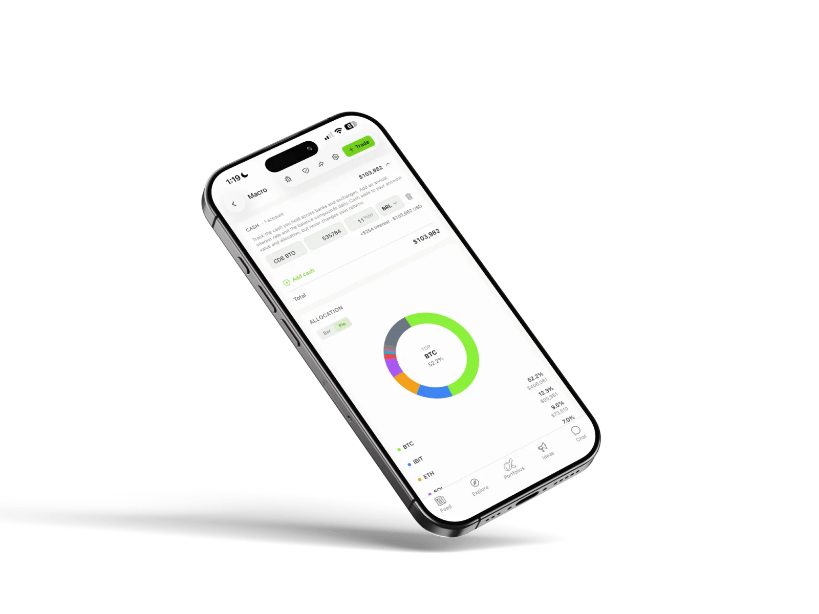 Alphaproof iOS app showing portfolio cash tracking and an asset allocation pie chart led by BTC, with IBIT, ETH and SOL.