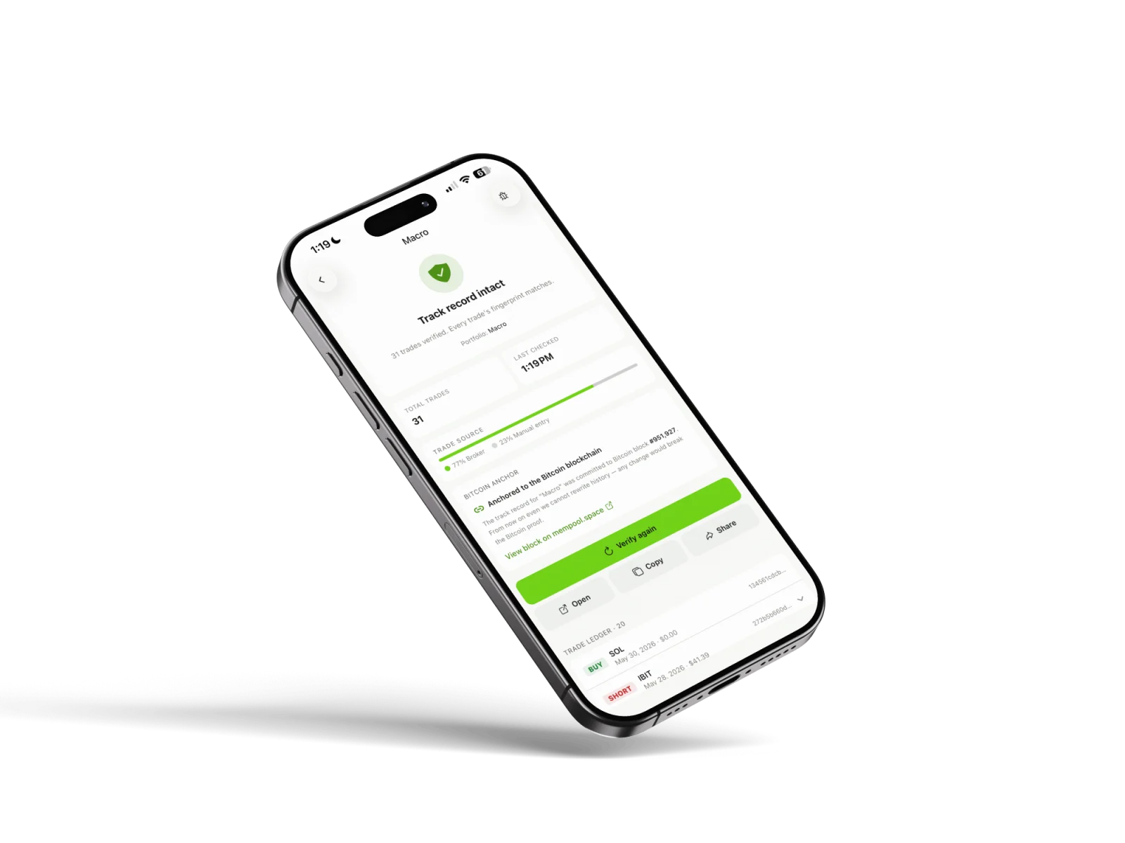Alphaproof iOS app verification screen — track record intact, 31 trades verified, 77% broker and 23% manual, anchored to Bitcoin block #951,927, with the trade ledger.